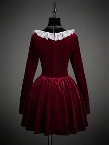 SHEIN ICON 修身复古风深V领长袖迷你连衣裙（女款） - 紅色 - 查看 2