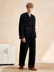 EverLounge Men's Fleece Front Button Long Sleeve Top And Pants Pajama Set - Multicolor - View 4