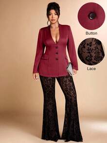 Cravure 大码女式植绒网眼拼接V领西装外套及喇叭裤套装，适合办公室穿着 - 酒紅色 - 查看 1