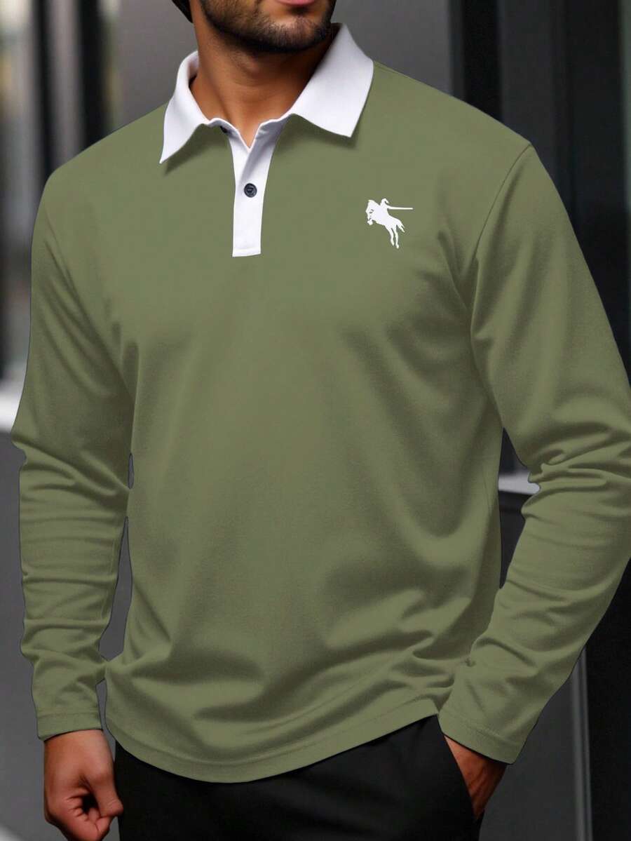 Manfinity Homme Plus Size Men's Contrast Color Block Half-Zip Collar Casual Long Sleeve Polo Shirt - Army Green - View 1