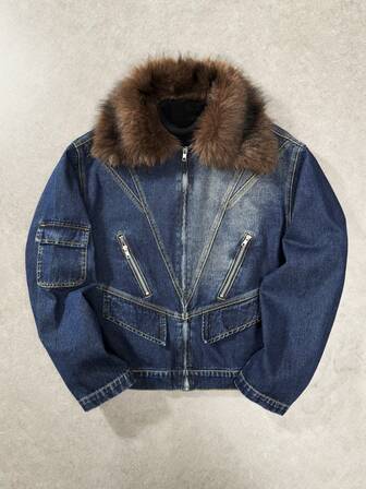 Giacca di jeans da uomo stile retrò con colletto in pelliccia e maniche lunghe