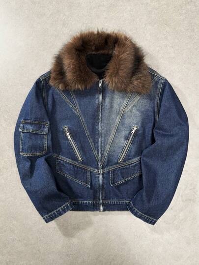 جاكيت جينز طويلة الأكمام بياقة من الفرو بطراز كلاسيكي للرجال