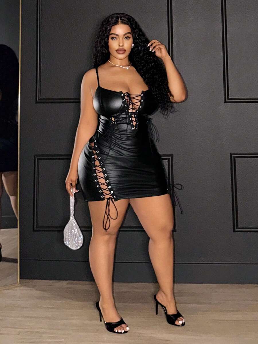 Slaydiva Music Festival Suspender Front Chest Waist Washed White Hollow Strap Tight Mini Dress Black PU Women's Dress - Black - View 1