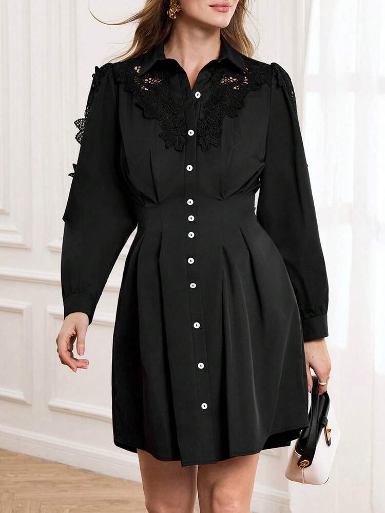 This Elegant Women's Dress Features A Black Base With Delicate, Vintage-Inspired Black Lace Detailing At The Neckline And Shoulders, Adding A Touch Of Modern Sophistication. The Shirt Collar And Tailored Waist Create A Clean And Polished Silhouette, While The Long Sleeves Are Perfect For Autumn And Winter. Whether Commuting To Work To Showcase Professional Taste Or Attending A Fashionable Gathering To Exude Elegance, This Dress, With Its Combination Of Lace And Classic Black, Will Make You A Head-Turner During The New Year Season.