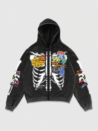 Sudadera con capucha de hombre con estampado gráfico de copos de nieve lavados en negro, para otoño/invierno