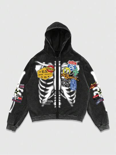 Sudadera con capucha de hombre con estampado gráfico de copos de nieve lavados en negro, para otoño/invierno