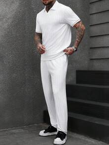 Manfinity CasualCool 男士短袖纹理面料 Polo 衫和裤子套装，适合居家、派对穿着，夏季运动套装，白色两件套，男士针织套装，男士套装，男士夏季运动服，男士白色两件套裤子套装，复古风格，日常休闲，周末旅行，户外活动，探险旅行，轻松的工作环境或半正式场合，男友/丈夫礼物，周年纪念/生日礼物，派对，暑假，新年，婚礼，情人节 - 白色 - 查看 3