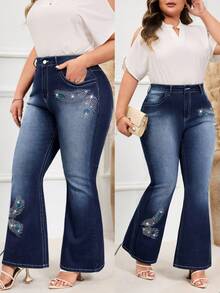 EMERY ROSE Plus-Size Women's Winter Rhinestone Washed Elegant Jeans - Dark Wash - View 1