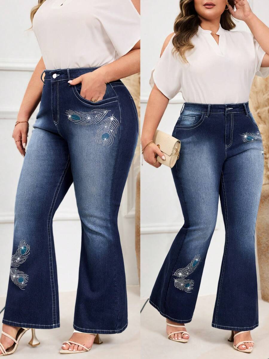 EMERY ROSE Plus-Size Women's Winter Rhinestone Washed Elegant Jeans - Dark Wash - View 1