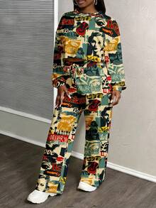 Slaydiva Bộ đồ thể thao 2 món phong cách đường phố retro thường ngày cỡ lớn dành cho nữ, phù hợp cho mùa thu/đông, họa tiết thời trang đường phố - Nhiều màu - Xem 4