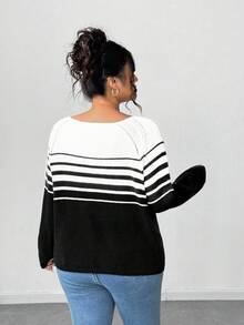 Elenzga Nuovo maglione lavorato a maglia oversize, stile country casual, rilassato ed elegante, con blocchi di colore, righe e ricamo floreale, collo equipaggio, maniche lunghe - Bianco e nero - Visualizzare 2