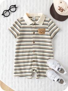 SHEIN 男女宝宝通用款休闲条纹短袖连体衣，适合春夏穿着，室内外皆可。 - 杏色 - 查看 3