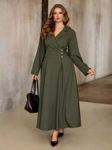 Roveilla 大码女式褶裥翻领腰部收褶A字长袖连衣裙，饰有星星图案，优雅法式复古办公室通勤商务休闲街头风，百搭复古时尚秋冬连衣裙，适合派对、圣诞节、感恩节、新年等场合。