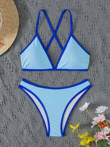 Bonvoyette 女士夏季度假沙滩撞色滚边细肩带比基尼套装 - 藍色 - 查看 6