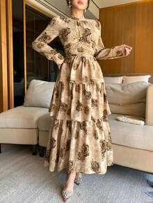 DAZY Beige Floral Print Chiffon Midi Dress,Elegant Pleated Waist Casual Autumn Style For Tea Party,Wedding,Christmas,New Year & Spring Fashionable Brown - Apricot - View 6