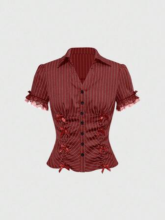 Grunge Punk Women's Striped Fitted Waist Lace Patchwork Short Sleeve Blouse