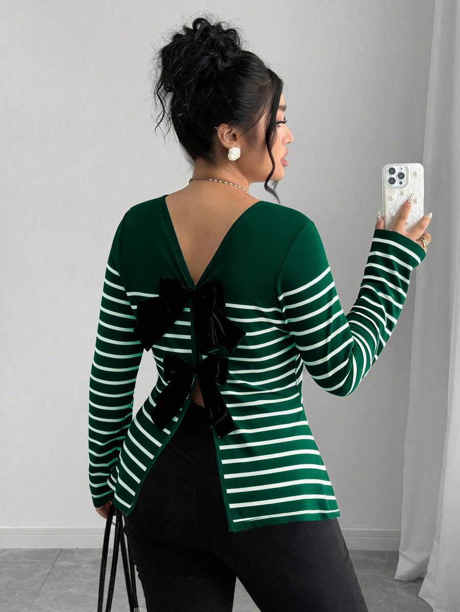 Elenzga Plus Size Striped Backless Bow Hollow Out Long Sleeve T-Shirt, Spring/Summer Women Long Sleeve Tops Green Top Women Bow Tops Backless Shirts Green Long Sleeve Top Green Striped Top Backless Bow Top Long Sleeve Green Top