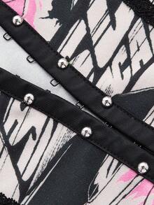 ROMWE PUNK Spring Summer Casual Graphic Red Women's Bustier Fishbone Seam Allover Print Fitted Crop Top - Multicolor - View 3