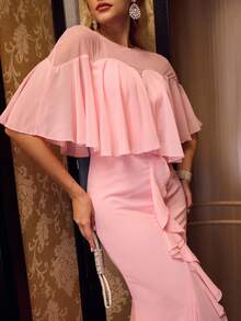 MOTF Soiréza WOMEN'S ELEGANT ROUND NECK CAPE SLEEVE CHIFFON FLOOR-LENGTH PARTY GOWN – RUFFLED TRIM MERMAID HEM DRESS WITH SLIT & SHEER BACK DETAIL, IDEAL FOR WEDDINGS, BIRTHDAYS & COCKTAIL EVENINGS, STYLE WITH DAINTY EARRINGS & STRAPPY HEELS - Pink - View 3