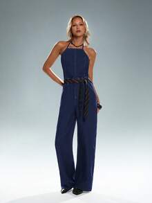 TRNVIE Fashionable Casual Sexy Backless Strap Denim Jumpsuit - Dark Wash - View 5