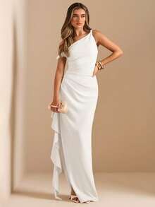 SHEIN BAE 秋冬伴娘礼服，派对斜肩扭结无肩带性感褶皱高开衩荷叶边裹身长裙，优雅荷叶边下摆斜肩女士长裙 - 白色 - 查看 7