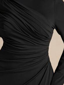 SHEIN BAE Plus Size Women's Elegant Long Sleeve Pleated Dress, Yellow, Autumn/Winter - Black - View 3