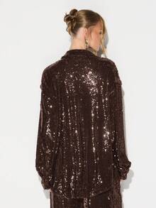 KIZN Sequin Oversized Button Down Blouse Long Sleeve Metallic Evening Party Top Collared Shirt - Chocolate Brown - View 2