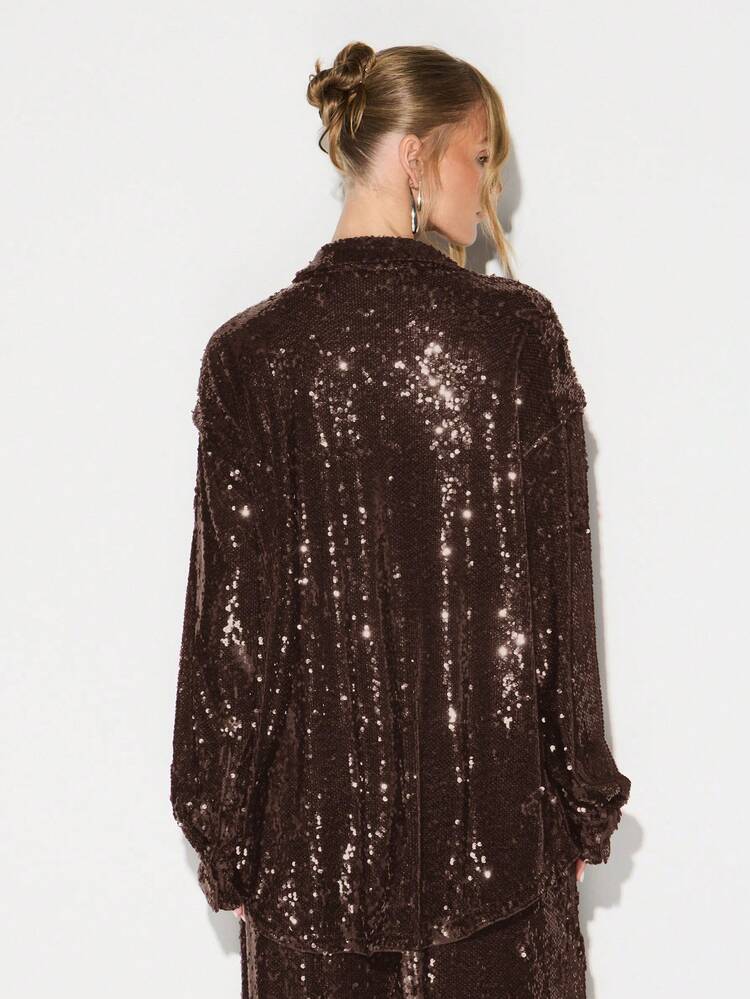KIZN Sequin Oversized Button Down Blouse