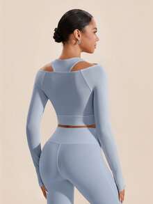 VARSIVA Women's Autumn Simple Solid Color Pleated Cropped Fitted Sports T-Shirt