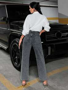 SHEIN Tall High Waist Pearl Slant Pocket Slim Straight Jeans Mom Jeans For Women High Waist Jeans Rhinestone Denim Women Jeans High Waist Rhinestone Jeans - Dark Grey - View 2