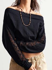 Bohemela 女士休闲纯色针织撞色蕾丝边露肩长袖T恤 - 黑色 - 查看 4