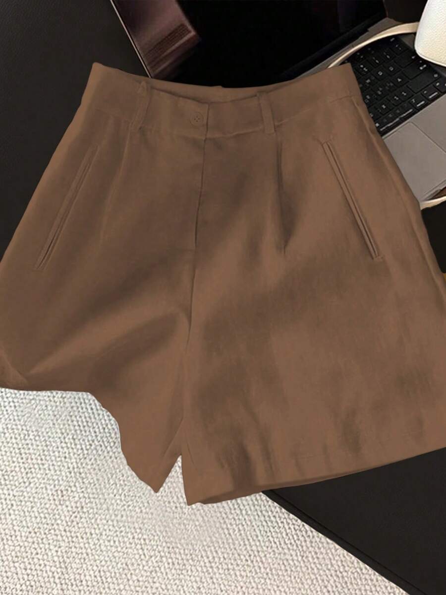 INAWLY 女士白色高腰阔腿短裤,休闲修身款短裤 - 棕色 - 查看 1