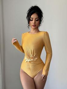 Elenzga Women's Fashionable Crew Neck Tie-Front Long Sleeve Bodysuit - Orange - View 7