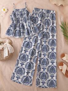 Sparklyn 两件套少女优雅休闲度假风印花吊带背心和直筒裤套装，图腾波西米亚图案，轻盈梭织面料，抽绳腰带设计，适合假日旅行和休闲穿着。 - 藍色 - 查看 4