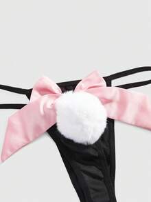 ROMWE Kawaii Women's Cute Bowknot & Fluffy Ball Thong Panties, For Valentine's Day - Black - View 3