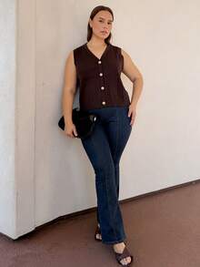 Nezia Cruz 大码女士休闲纽扣毛衣背心，秋冬女士教师装 - 棕色 - 查看 3