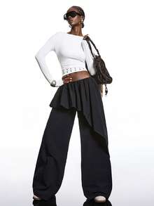 LYSMO Mẫu quần dài nữ dáng rộng 2 trong 1 màu trơn phong cách tối giản mới về năm 2026 dành cho mùa xuân/hè/Mùa xuân/Mùa xuân/Kỳ nghỉ xuân/Ngày lễ tình nhân/Ngày Valentine/Phong cách Y2K/Những năm 2000/Quần đen/Quần thể thao thường ngày dành cho giới trí thức - màu đen - Xem 4