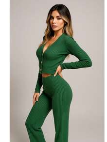 Conjunto Sexy Dama Premium Dos Piezas Botones Pantalón Cómodo Suéter botones Manga Larga Cuello V Pantalón recto - verde - Ver 2