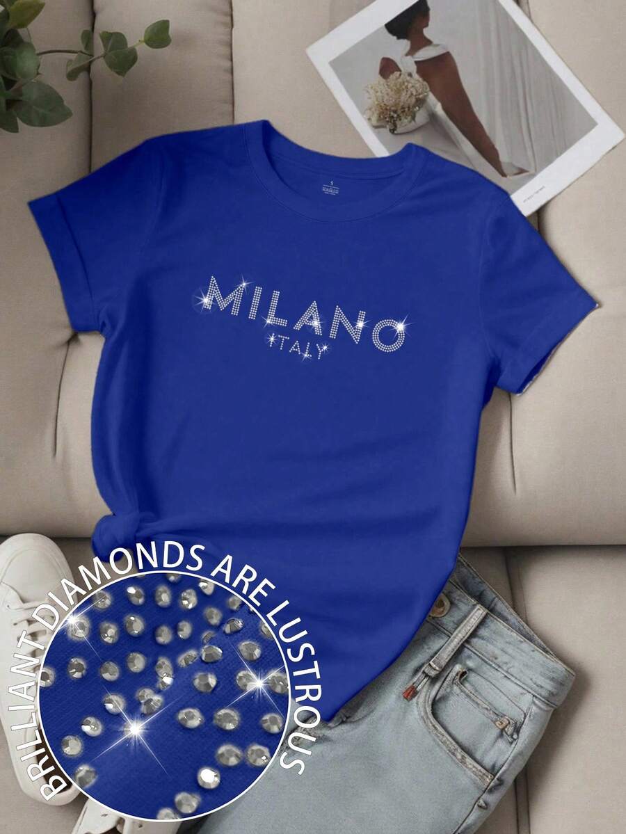 EMERY ROSE 女款 MILANO ITALY 字母印花 T 恤短袖休闲上衣 MILAN ITALY 图案 T 恤女款上衣 - 寶藍色 - 查看 1