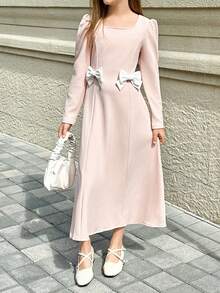 Tween Girl Casual Cute School Style Square Collar Puff Sleeve Contrast Bow Decor Waist Cinched Dress - Multicolor - View 3