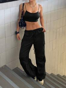 StreetHx Streetwear Women Sleeveless Backless Tank Top & Drawstring Waist Cargo Pants 2 Pieces Set, Spring/Summer - Black - View 4