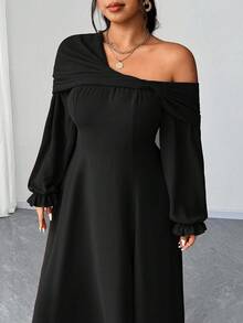 Elenzga 大码女士优雅浪漫派对/婚礼宾客雪纺不对称领长袖A字高开衩长裙，春/秋/冬 - 黑色 - 查看 6