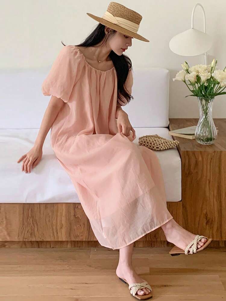 Women's Casual Solid Color Round Neck Mid-Length Dress Summer Sundress
