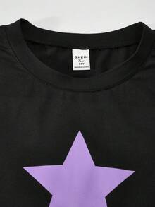 Sparklyn Bộ áo thun cổ tròn in hình ngôi sao dành cho bé gái tuổi teen và quần ống rộng màu xanh ô liu thời trang - Màu tím - Xem 6