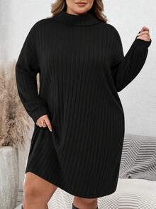 SHEIN CURVE+ 大码休闲简约高领罗纹磨毛红色毛衣连衣裙，适合日常穿着以及圣诞节/2026/新年等场合。 - 黑色 - 查看 7