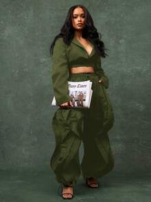 Vixey 透气抗皱吸湿排汗梭织荷叶边慢跑裤 - 橄欖綠 - 查看 3