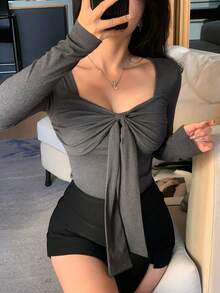 DAZY 女士系带蝴蝶结长袖T恤，简约修身圆领打底衫 - 灰色 - 查看 7