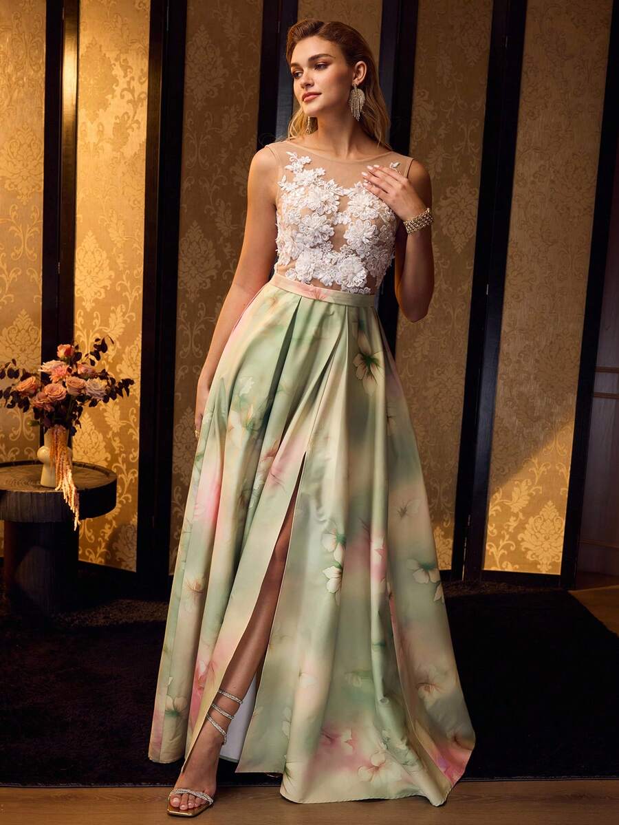 MOTF Soiréza Váy dạ hội dài chấm đất cổ chữ U hở lưng không tay thanh lịch dành cho nữ, họa tiết hoa trước ngực, chân váy hoa chuyển màu cỡ lớn & dáng ôm vừa vặn, lý tưởng cho tiệc cưới, dạ hội & các buổi tối xuân/hè, phong cách với giày cao gót quai & trang sức tinh tế - màu xanh lá - Xem 2