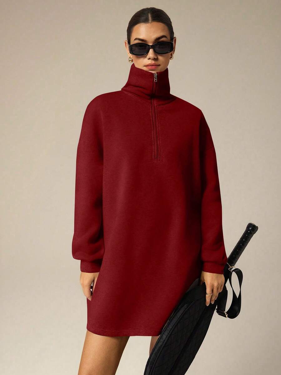 Hanevo Autumn/Winter New Casual Street Minimalist Commute Lazy Back To School High Collar Zipper Half-Open Hem Pullover Long Sleeve H-Shaped Loose Sweatshirt & Women Shorts Dress Set - Burgundy - View 1