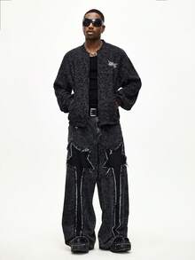 ROMWE MEN Men's Fleece Gothic Stand Collar Cardigan Jacket - Black - View 2